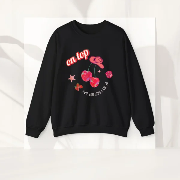 On Top of My Fabulous Day sweatshirt with cherries, lips, and dice design on Gildan 18000 crewneck - Black Flatlay