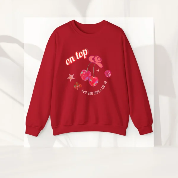On Top of My Fabulous Day sweatshirt with cherries, lips, and dice design on Gildan 18000 crewneck - Cherry Red flatlay
