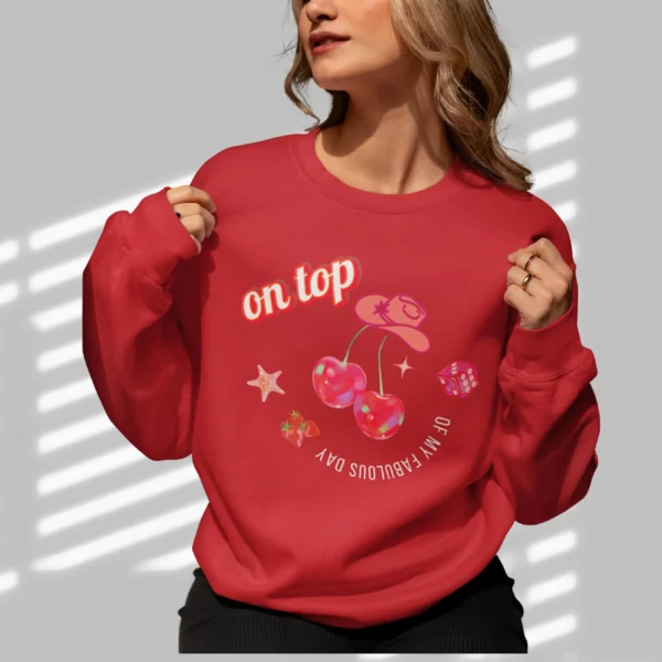 On Top of My Fabulous Day sweatshirt with cherries, lips, and dice design on Gildan 18000 crewneck - Cherry Red