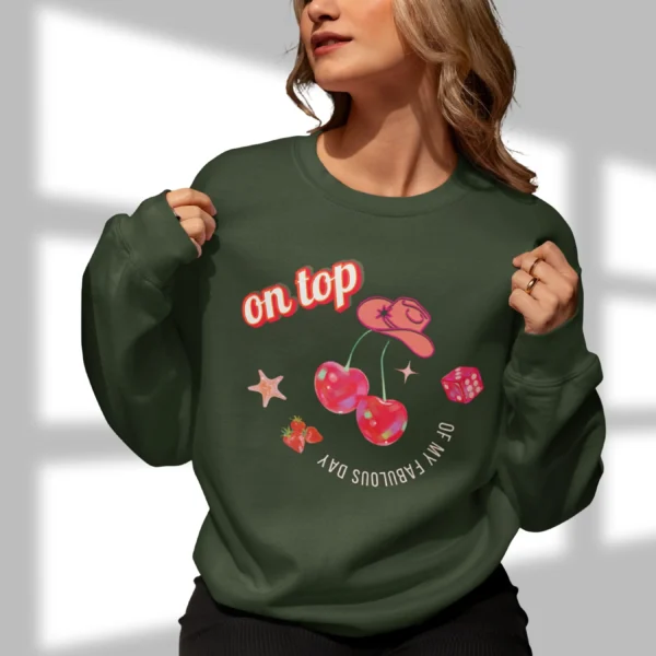 On Top of My Fabulous Day sweatshirt with cherries, lips, and dice design on Gildan 18000 crewneck - Forest Green