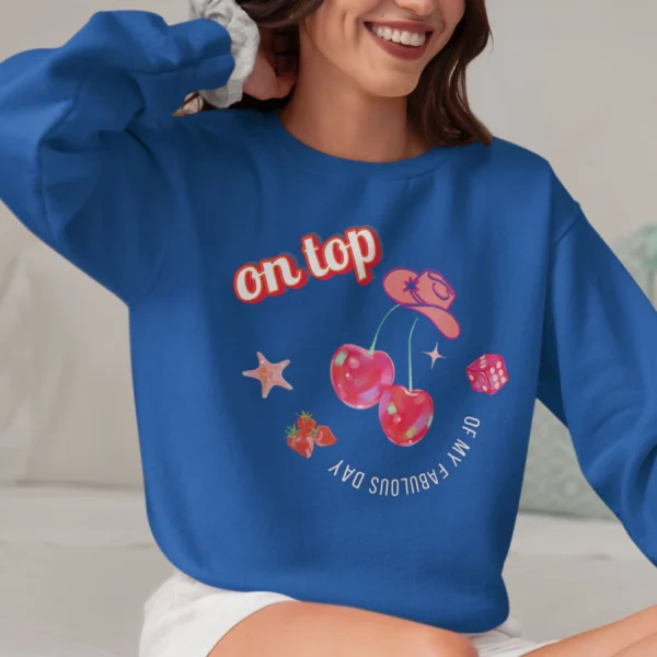 On Top of My Fabulous Day sweatshirt with cherries, lips, and dice design on Gildan 18000 crewneck - Royal