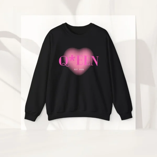 Queen heart sweatshirt with pink heart design on Gildan 18000 - Black Flatlay