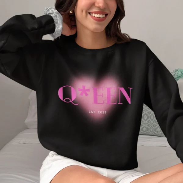Queen heart sweatshirt with pink heart design on Gildan 18000 - Black