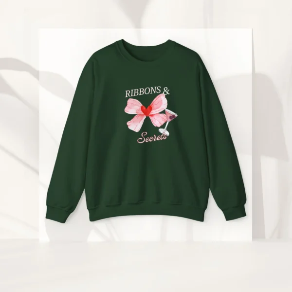 Ribbons & Secrets sweatshirt with a pink bow and cocktail design on Gildan 18000 - Forest Green Flatlay