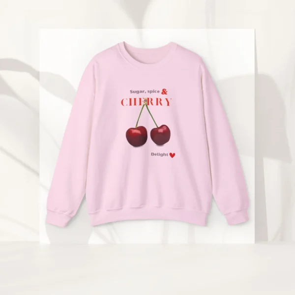 Cherry Delight sweatshirt with cherry design on Gildan 18000 - Light Pink Flatlay