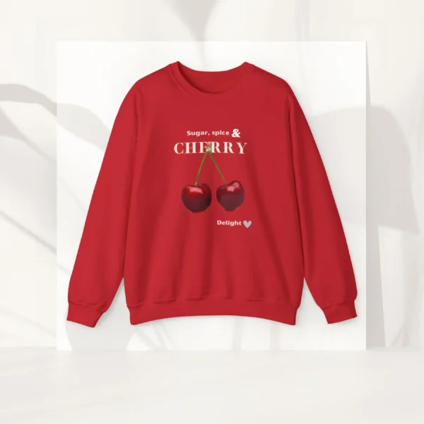 Cherry Delight sweatshirt with cherry design on Gildan 18000 - Red Flatlay