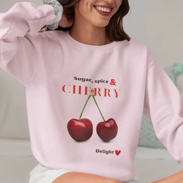Cherry Delight sweatshirt with cherry design on Gildan 18000 - Light Pink