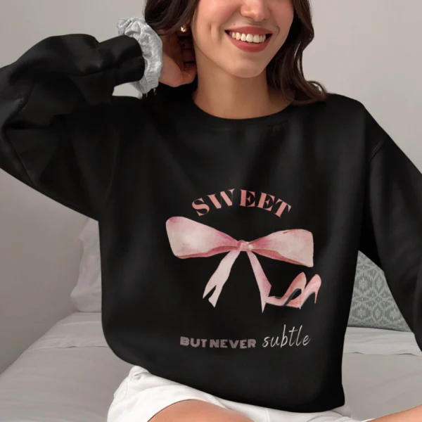 Sweet But Never Subtle bow sweatshirt with pink bow and heels Gildan 18000 crewneck - Black