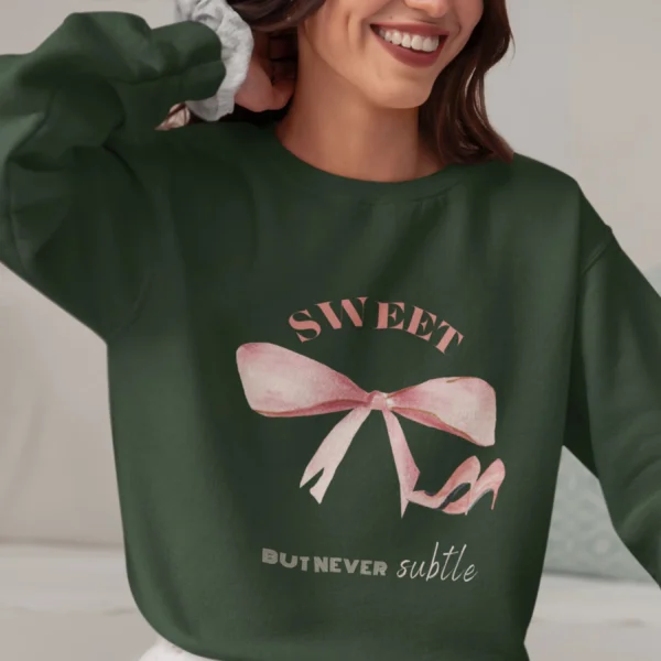 Sweet But Never Subtle bow sweatshirt with pink bow and heels Gildan 18000 crewneck - Forest Green