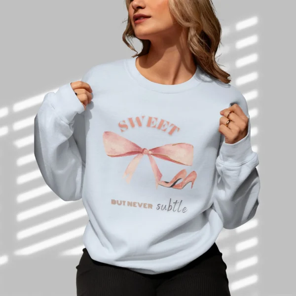 Sweet But Never Subtle bow sweatshirt with pink bow and heels Gildan 18000 crewneck - Light Blue