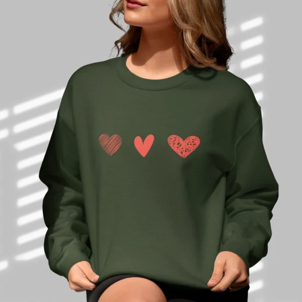 Three Hearts sweatshirt with red hearts design on Gildan 18000 - Forest Green