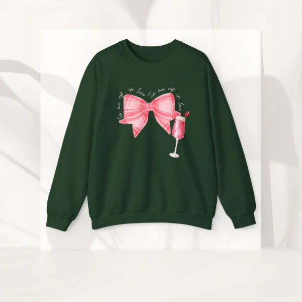 Tie me up in love sweatshirt with bow and wine design on Gildan 18000 - Forest Green Flatlay