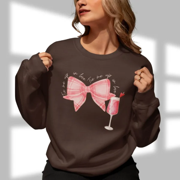 Tie me up in love sweatshirt with bow and wine design on Gildan 18000 - Dark chocolate