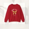 Tied with grace sweatshirt with bow and lipstick design on Gildan 18000 - Red Flatlay