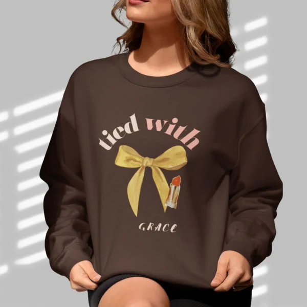 Tied with grace sweatshirt with bow and lipstick design on Gildan 18000 - Dark Chocolate