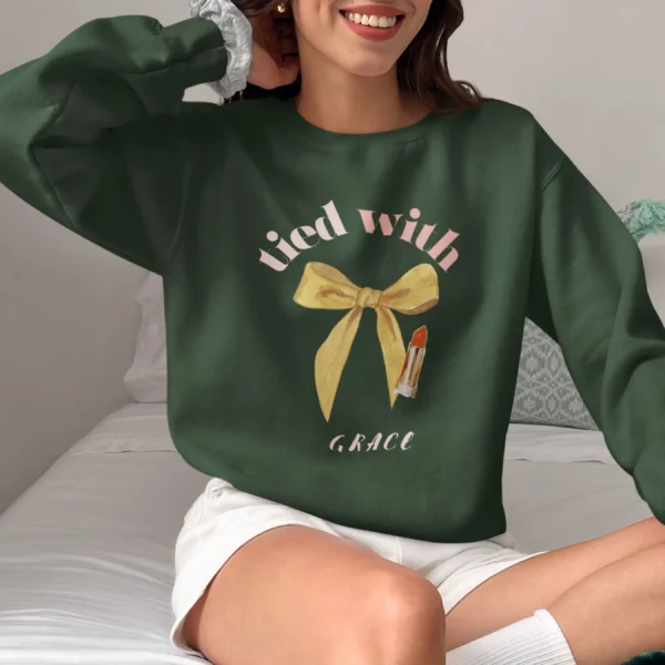 Tied with grace sweatshirt with bow and lipstick design on Gildan 18000 - Forest Green