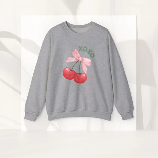 XOXO Cherry bow sweatshirt with pink ribbon and cherries on Gildan 18000 crewneck -Sport Grey Flatlay