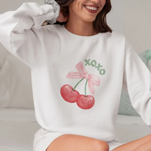 XOXO Cherry bow sweatshirt with pink ribbon and cherries on Gildan 18000 crewneck - Ash