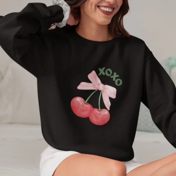 XOXO Cherry bow sweatshirt with pink ribbon and cherries on Gildan 18000 crewneck -Black