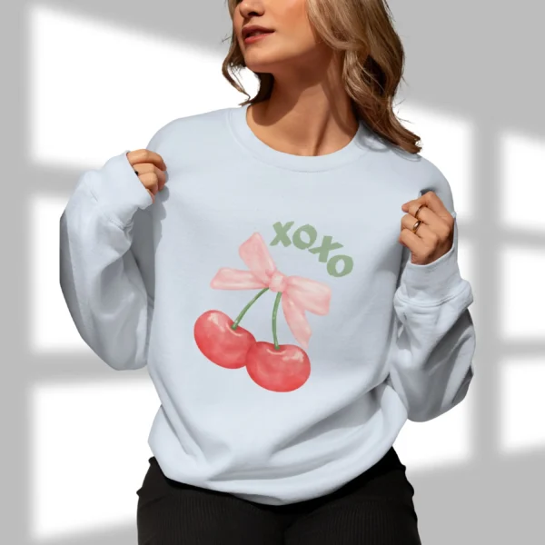 XOXO Cherry bow sweatshirt with pink ribbon and cherries on Gildan 18000 crewneck - Light Blue