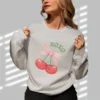 XOXO Cherry bow sweatshirt with pink ribbon and cherries on Gildan 18000 crewneck - Sport Grey