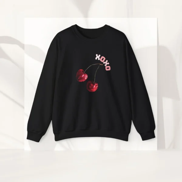 XOXO sweatshirt with cherry design on Gildan 18000 - Black Flatlay