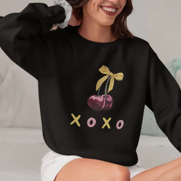 XOXO Cherry sweatshirt with cherry and bow design on Gildan 18000 - Black