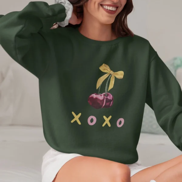 XOXO Cherry sweatshirt with cherry and bow design on Gildan 18000 - Forest Green