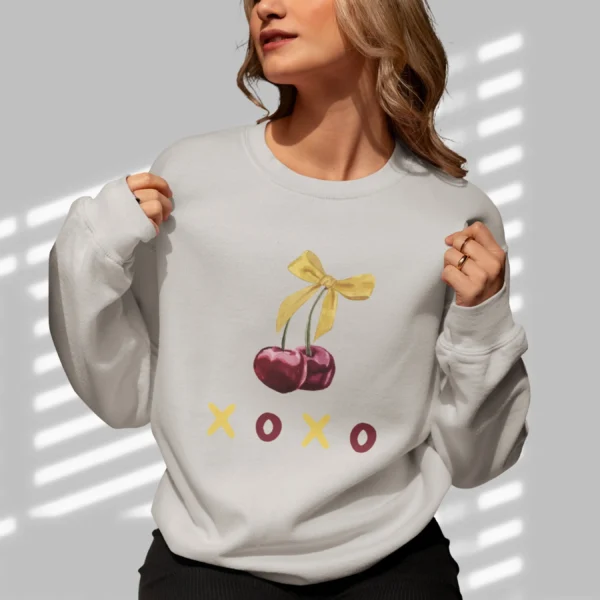 XOXO Cherry sweatshirt with cherry and bow design on Gildan 18000 - Sport Grey