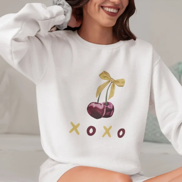 XOXO Cherry sweatshirt with cherry and bow design on Gildan 18000 - White