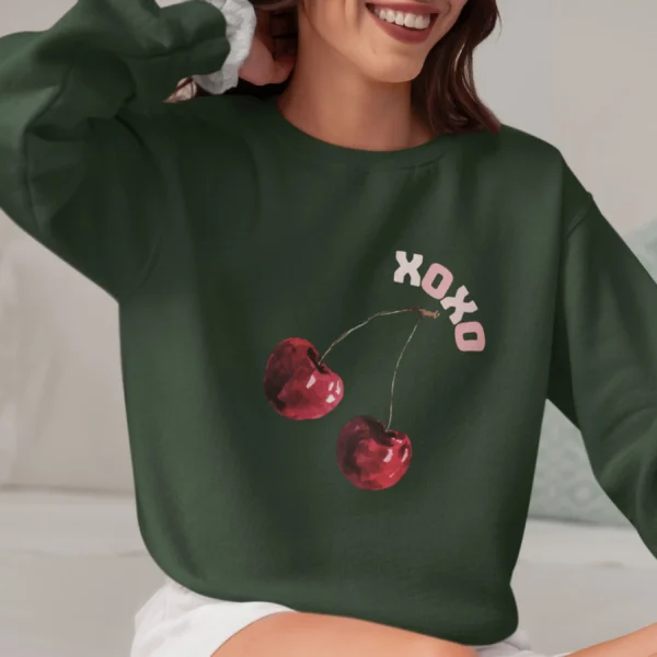 XOXO sweatshirt with cherry design on Gildan 18000 - Forest Green