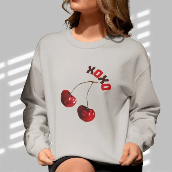 XOXO sweatshirt with cherry design on Gildan 18000 - Sport Grey