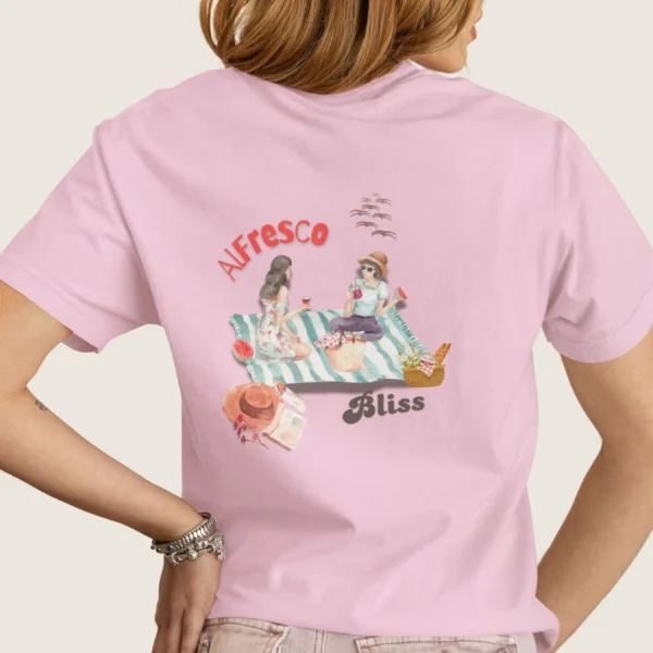 Alfresco Bliss Tee with picnic design on Comfort Colors 1717 - Blossom Back