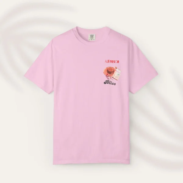 Alfresco Bliss Tee with picnic design on Comfort Colors 1717 - Blossom Front Flatlay