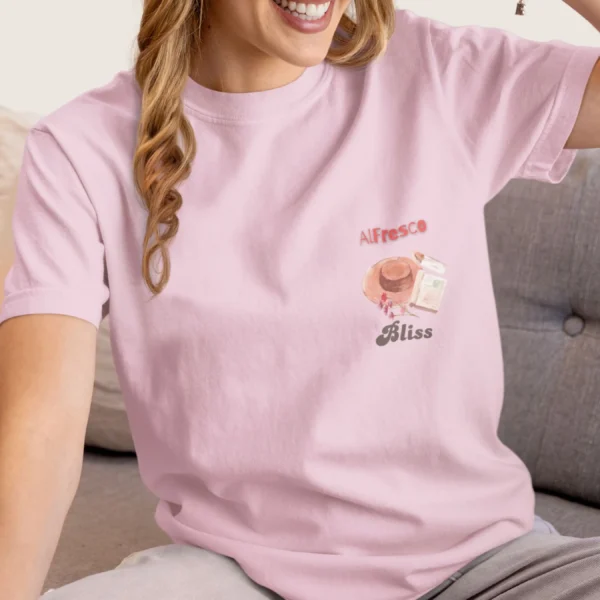 Alfresco Bliss Tee with picnic design on Comfort Colors 1717 - Blossom Front