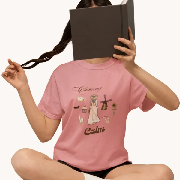 Chasing Calm Tee with cottage girl, geese, florals, and windmill on Comfort Colors 1717 - Peony