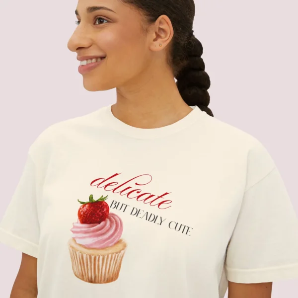 Delicate but deadly cute tee with Cupcake design on CC3023 - Ivory Closeup