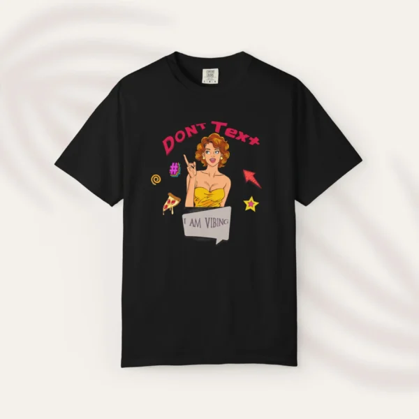 Don’t Text Tee with retro girl illustration and doodle accents on Comfort Colors 1717 - Black Flatlay