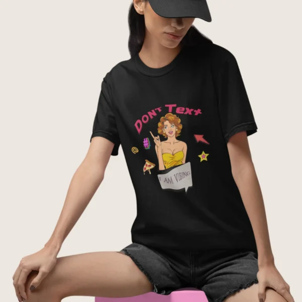 Don’t Text Tee with retro girl illustration and doodle accents on Comfort Colors 1717 - Black