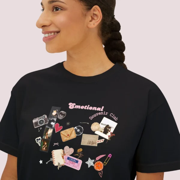 Emotional Souvenir Club tee with dried flowers, photo frames, cinema tickets design on CC3023 - Black Closeup