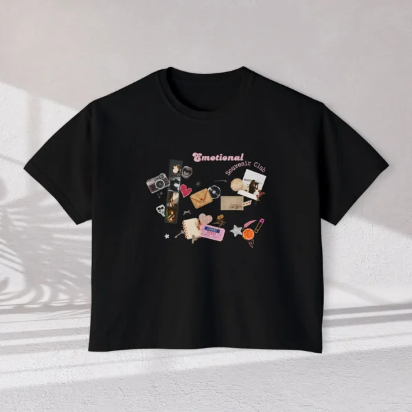 Emotional Souvenir Club tee with dried flowers, photo frames, cinema tickets design on CC3023 - Black Flatlay