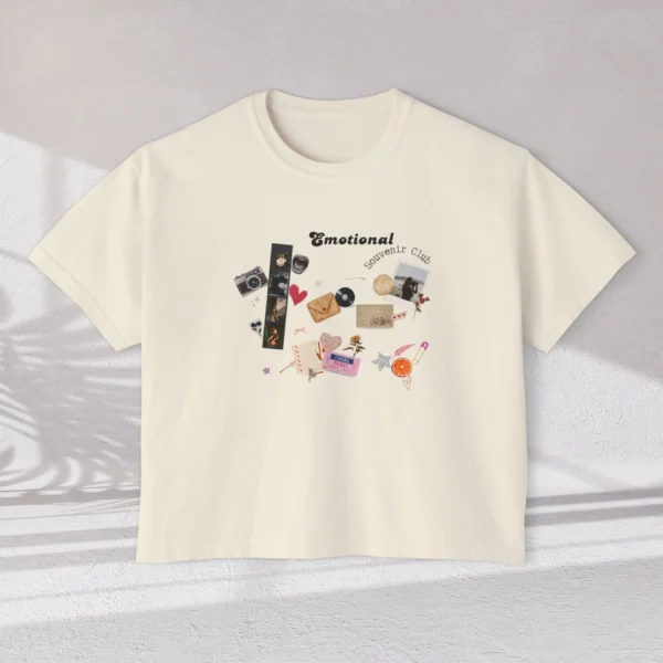 Emotional Souvenir Club tee with dried flowers, photo frames, cinema tickets design on CC3023 - Ivory Flatlay