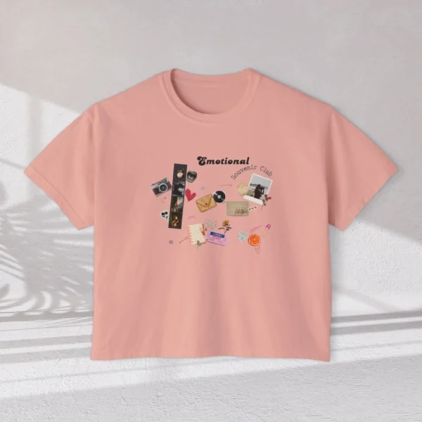 Emotional Souvenir Club tee with dried flowers, photo frames, cinema tickets design on CC3023 - Peachy Flatlay