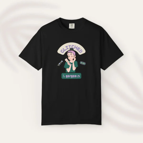 Glitched & Gorgeous Tee with girl design on Comfort Colors 1717 - Black Flatlay