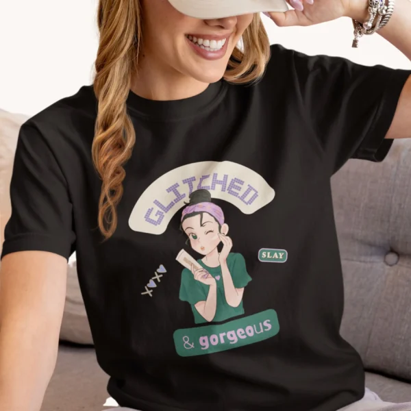 Glitched & Gorgeous Tee with girl design on Comfort Colors 1717 - Black