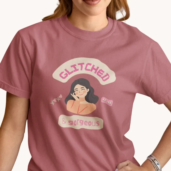 Glitched & Gorgeous Tee with girl design on Comfort Colors 1717 - Crimson