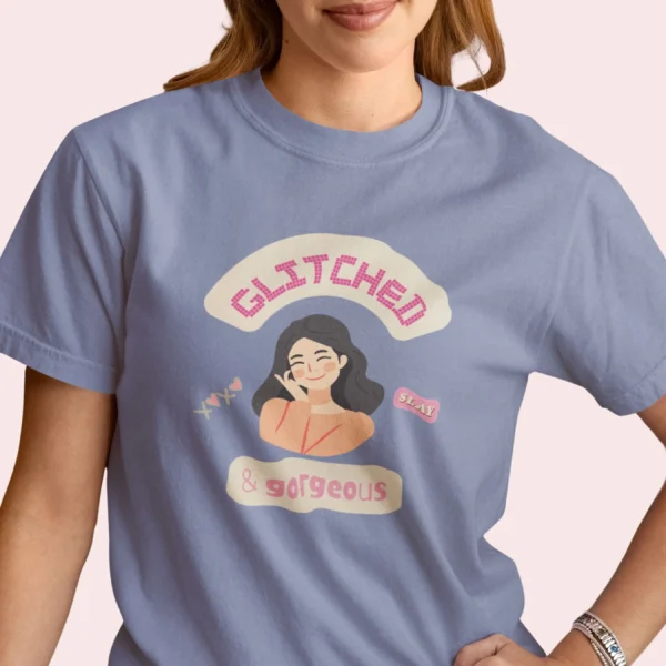 Glitched & Gorgeous Tee with girl design on Comfort Colors 1717 - Washed Denim