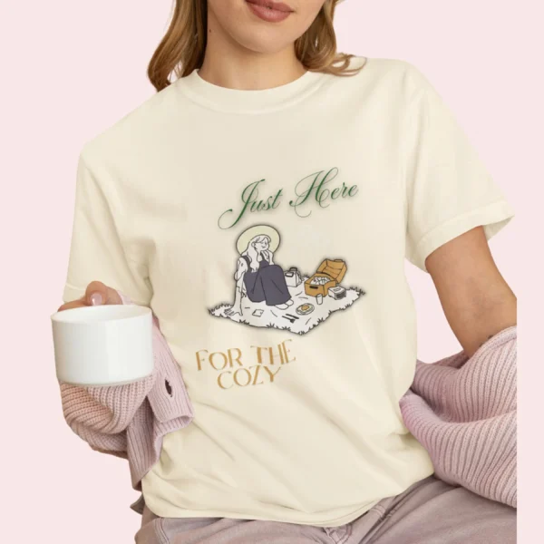Just Here for the Cozy Tee 1717 with illustration of a girl enjoying picnic on Comfort Colors 1717 - Ivory