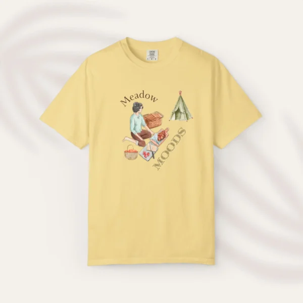 Meadow Moods Tee with picnic design on Comfort Colors 1717 - Butter Flatlay