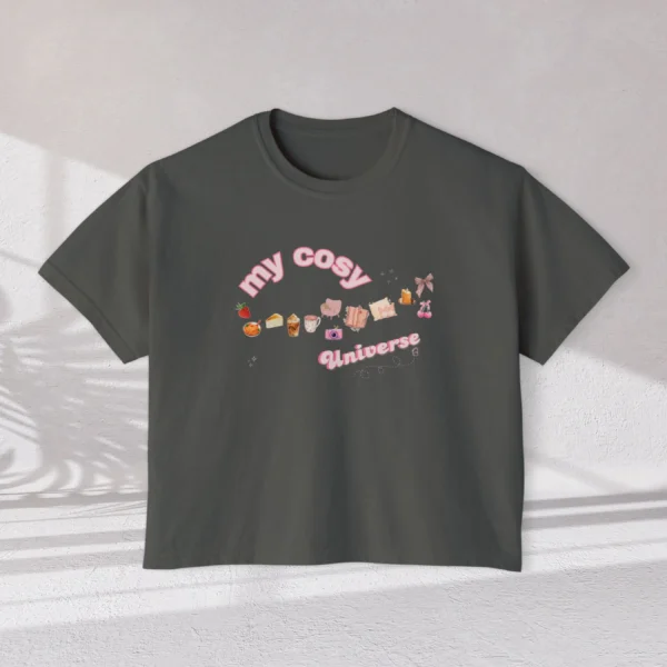 My Cozy Universe Tee with books, candle, couch, bow design on CC3023 - Pepper Flatlay